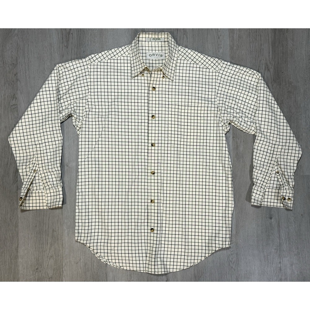 Orvis Button Up Shirt Men Size S Check Off White Long Sleeve 100% Cotton Classic